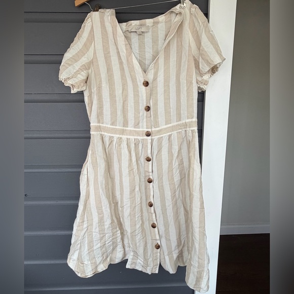 LOFT Beige White Stripe Linen Button-Front Short Puff Sleeve Dress - Picture 5 of 7